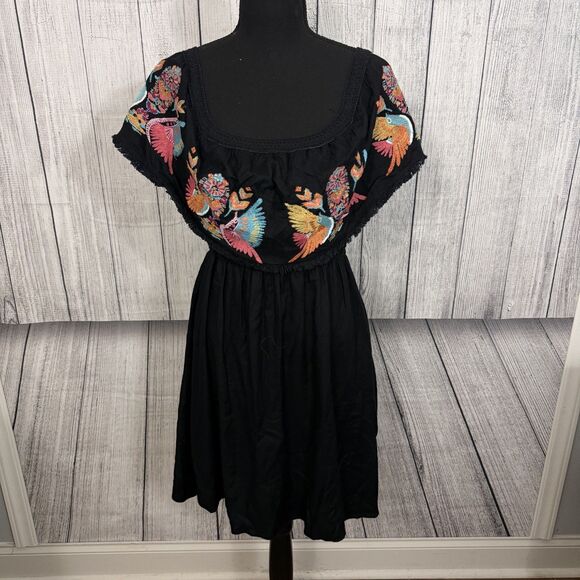 Judith March Women's Medium Black Embroidery Floral Birds Off Shoulder Dress - Picture 1 of 8